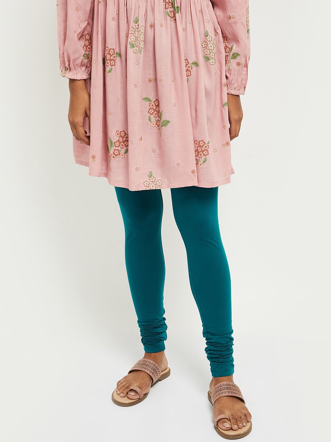 

max Women Teal Blue Solid Churidar-Length Leggings