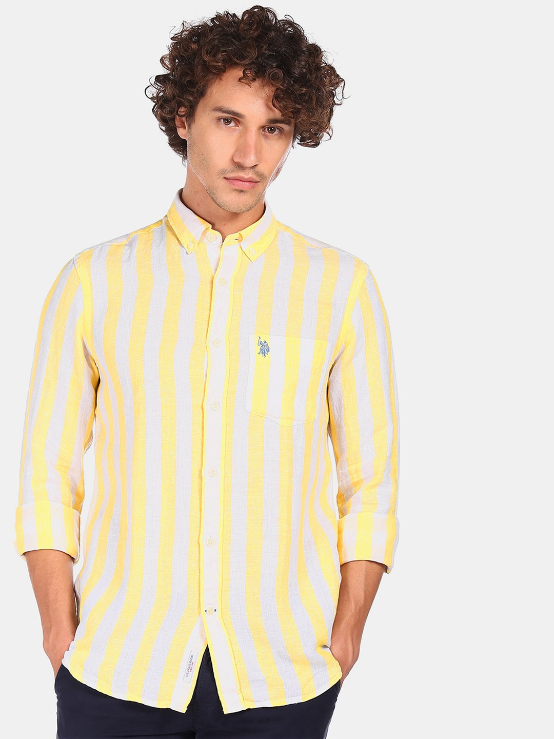 

U.S. Polo Assn. Men Yellow & White Opaque Striped Pure Linen Casual Shirt