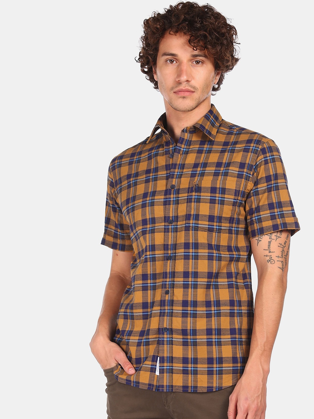 

U.S. Polo Assn. Men Yellow & Navy Blue Opaque Pure Cotton Checked Casual Shirt