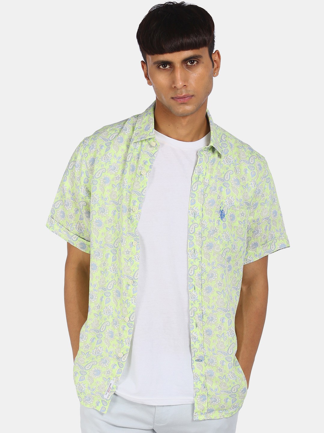 

U.S. Polo Assn. Men Green & White Floral Opaque Pure Linen Printed Casual Shirt
