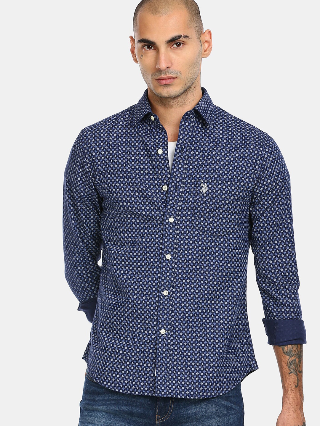 

U.S. Polo Assn. Men Navy Blue & White Opaque Printed Pure Cotton Casual Shirt