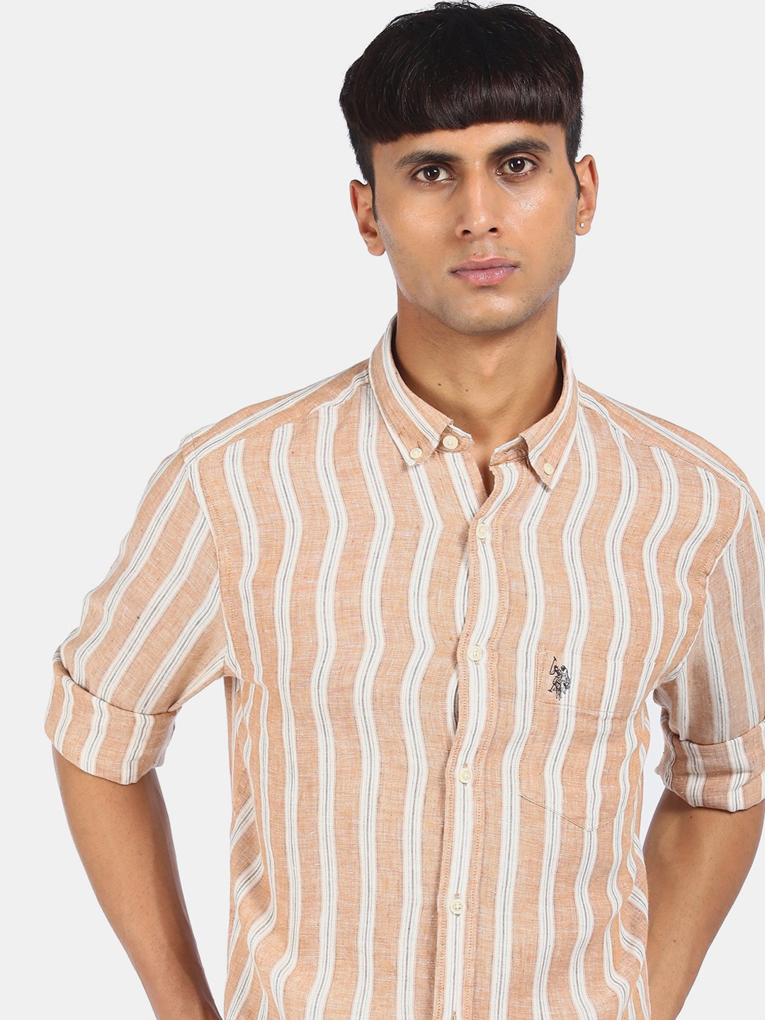 

U.S. Polo Assn. Men Brown & White Opaque Pure Linen Striped Casual Shirt