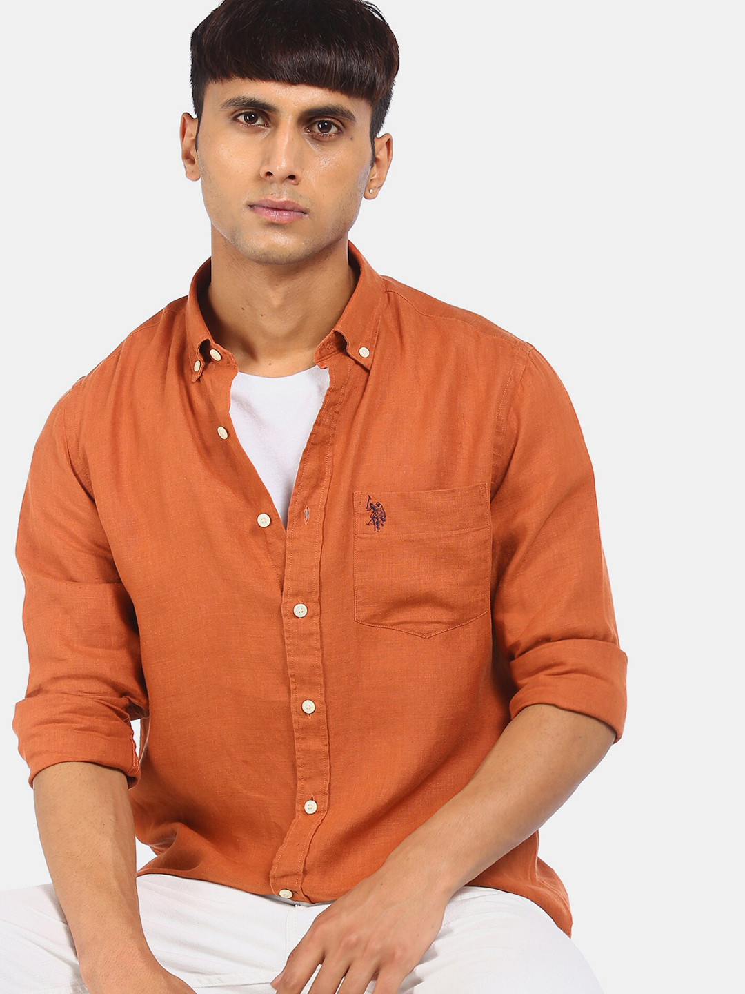 

U.S. Polo Assn. Men Rust Orange Opaque Pure Linen Casual Shirt