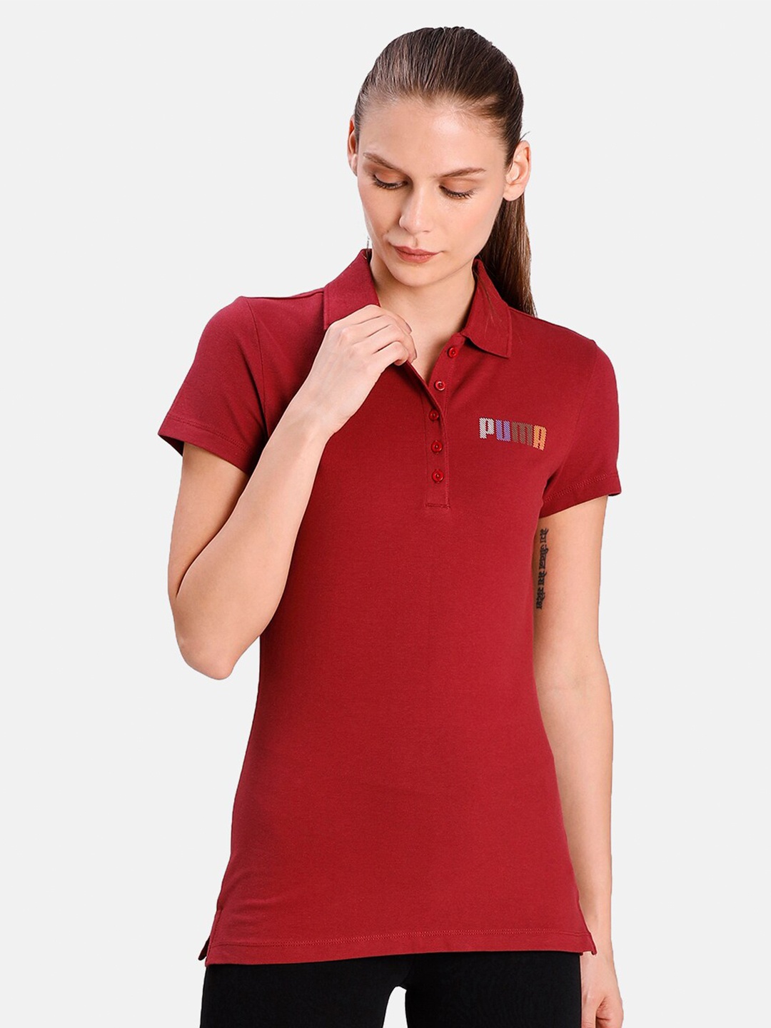 

Puma Women Red Brand Logo Printed Polo Collar Slim Fit T-shirt