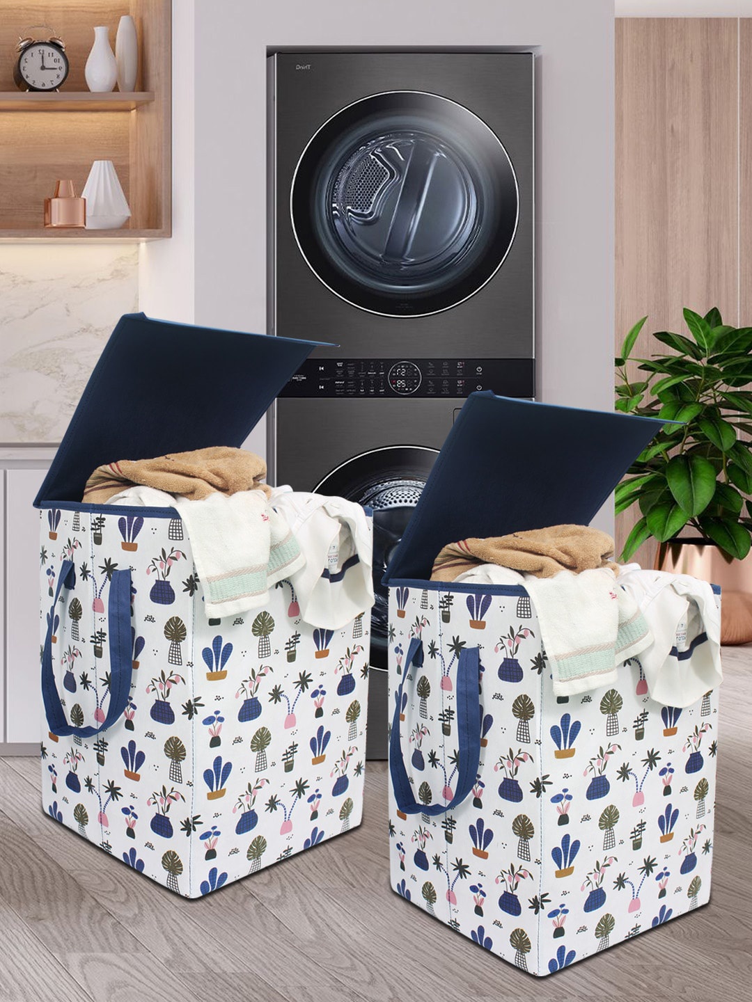 

prettykrafts Set of 2 White & Navy Blue Mushroom Print Foldable Laundry Basket