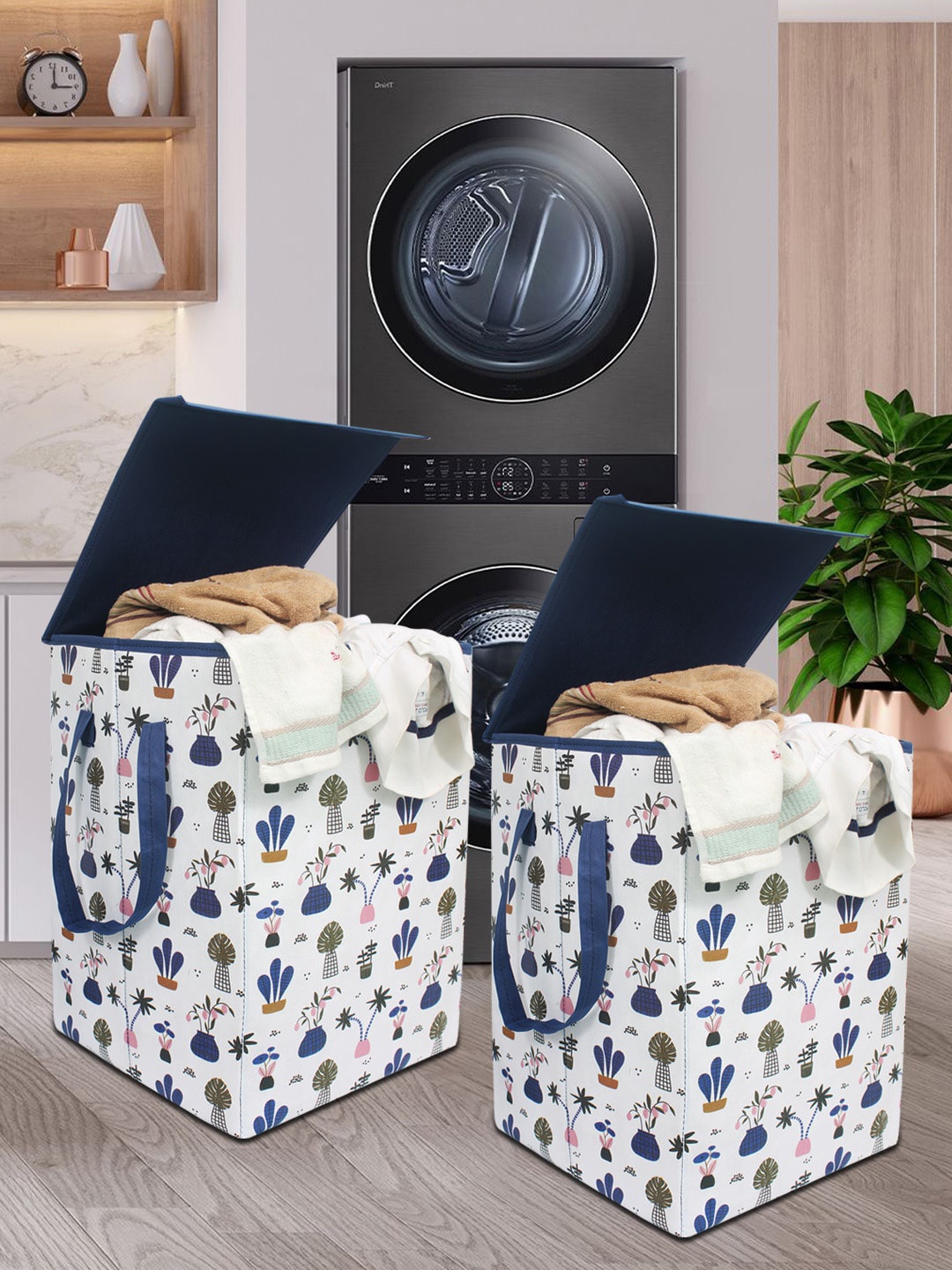 

prettykrafts Set of 2 Printed Foldable Laundry Basket With Lid, White