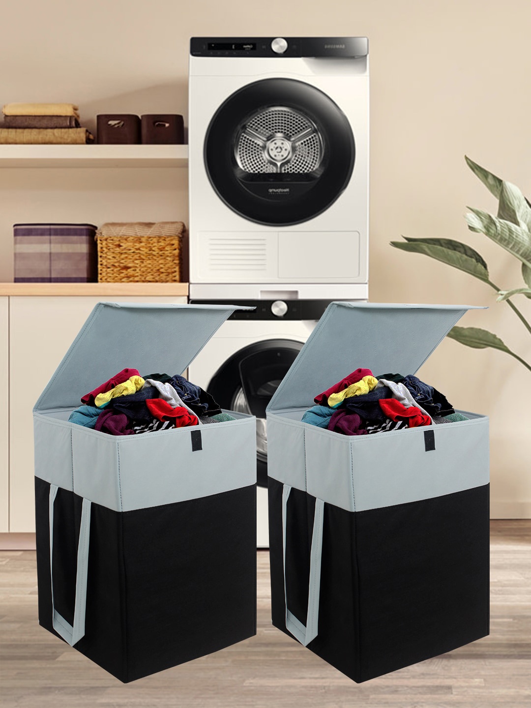 

prettykrafts Set of 2 Printed Foldable Laundry Basket With Lid, Black