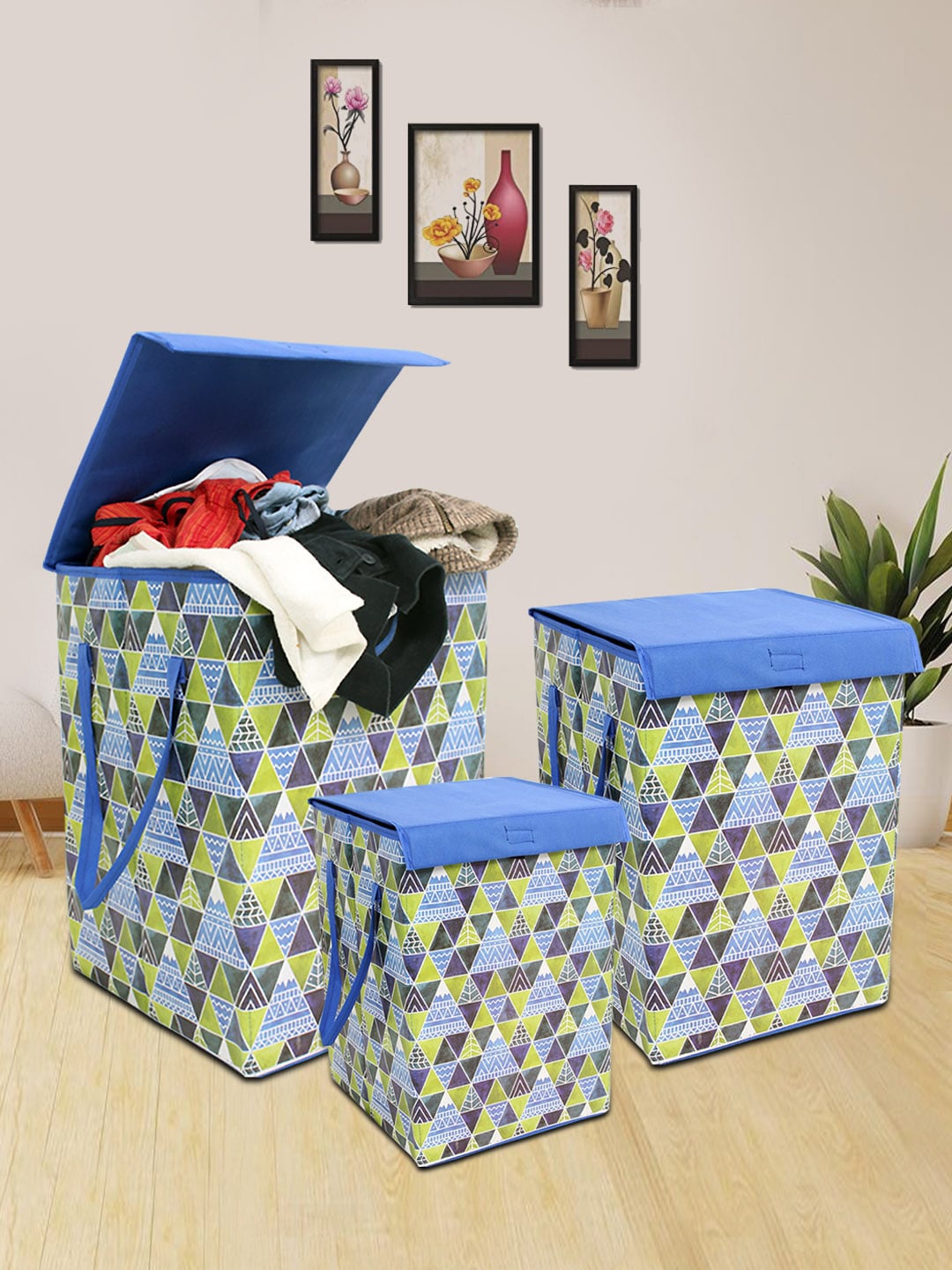 

prettykrafts Set of 3 Printed Foldable Laundry Basket With Lid, Blue