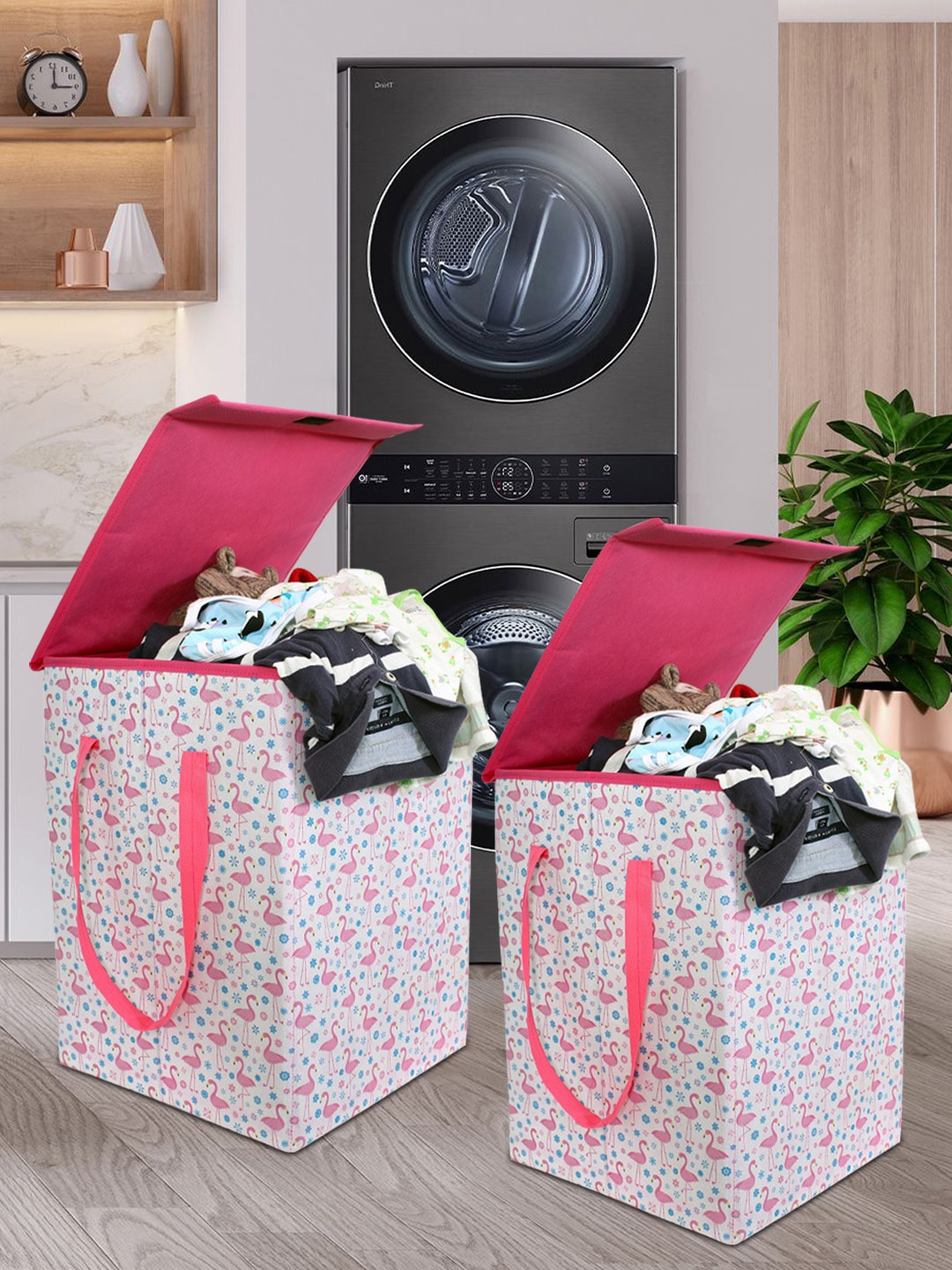 

prettykrafts Set of 2 Printed Foldable Laundry Basket With Lid, Pink