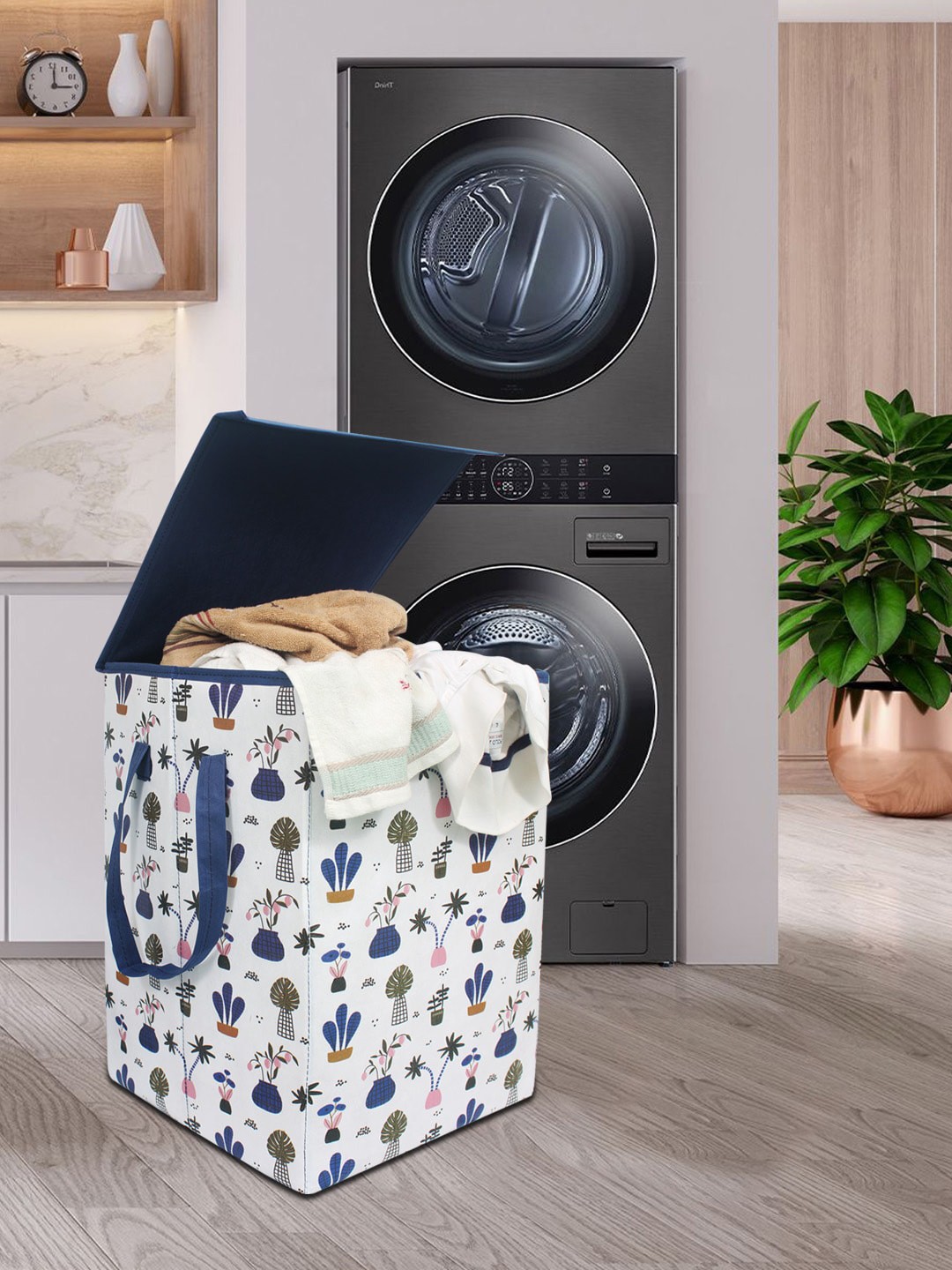 

prettykrafts White & Blue Printed Foldable Laundry Basket With Lid