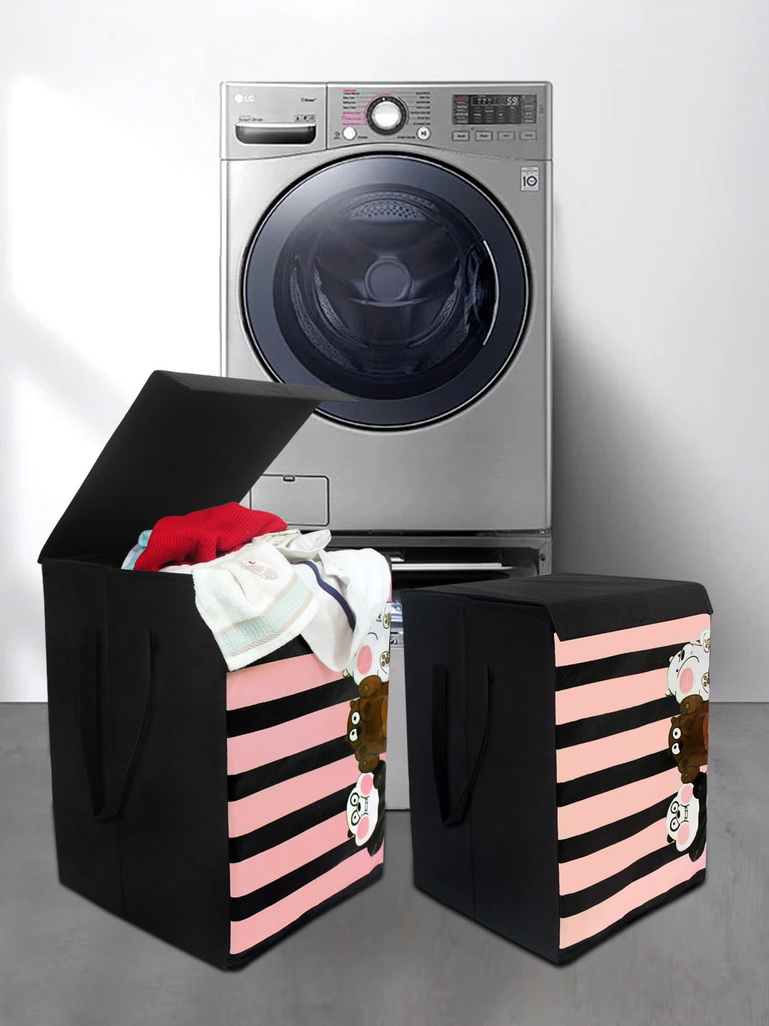 

prettykrafts Set of 2 Printed Foldable Laundry Basket With Lid, Black