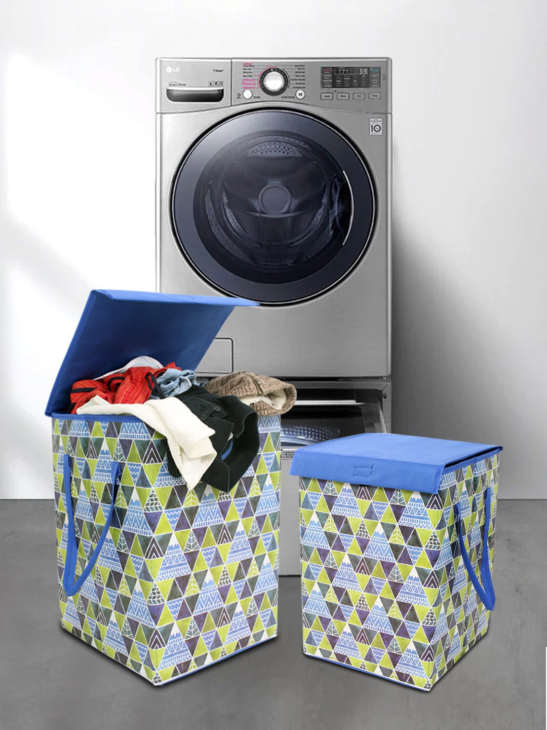 

prettykrafts Set of 2 Printed Foldable Laundry Basket With Lid, Blue