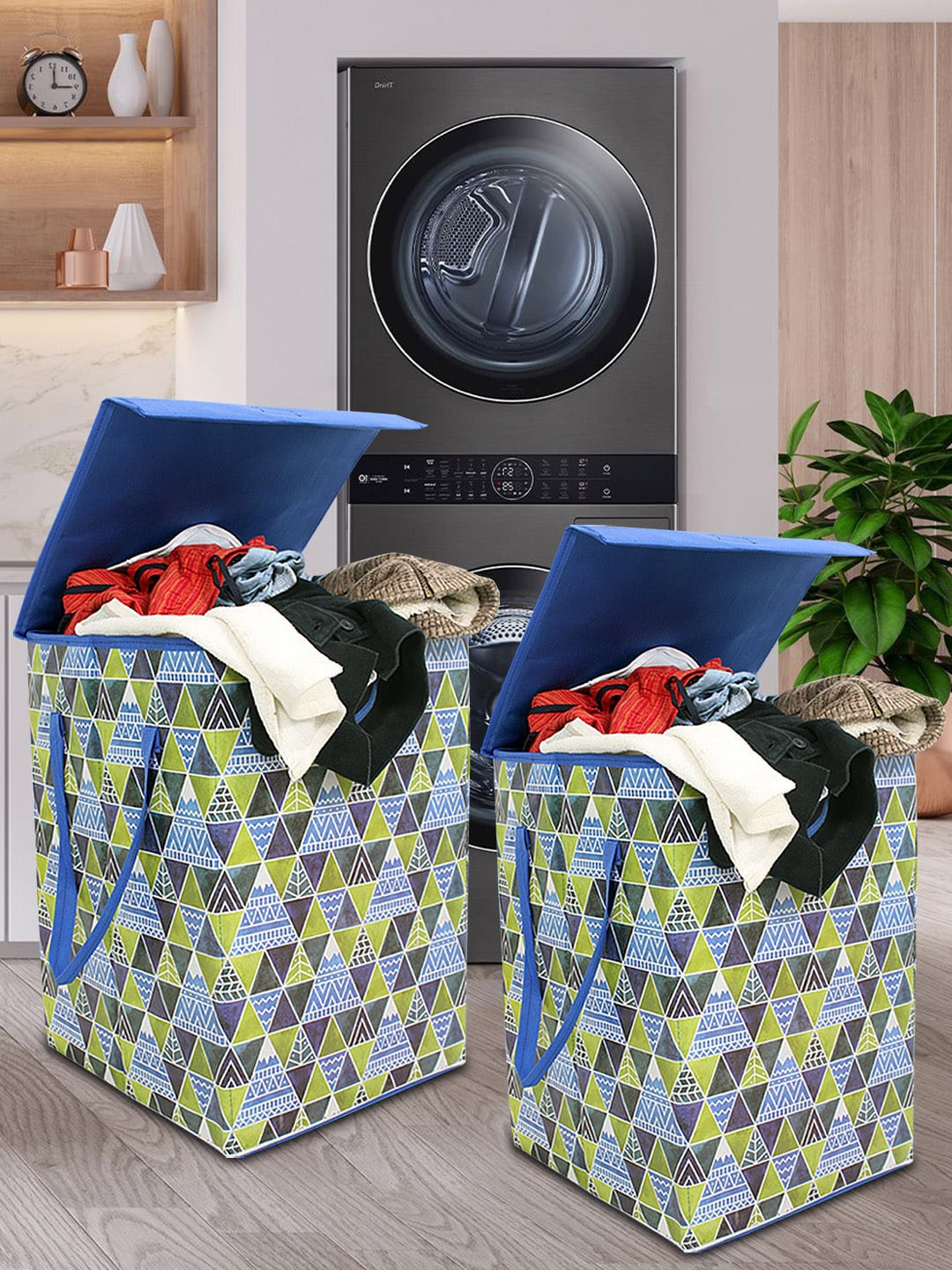 

prettykrafts Set of 2 Printed Foldable Laundry Basket With Lid, Blue