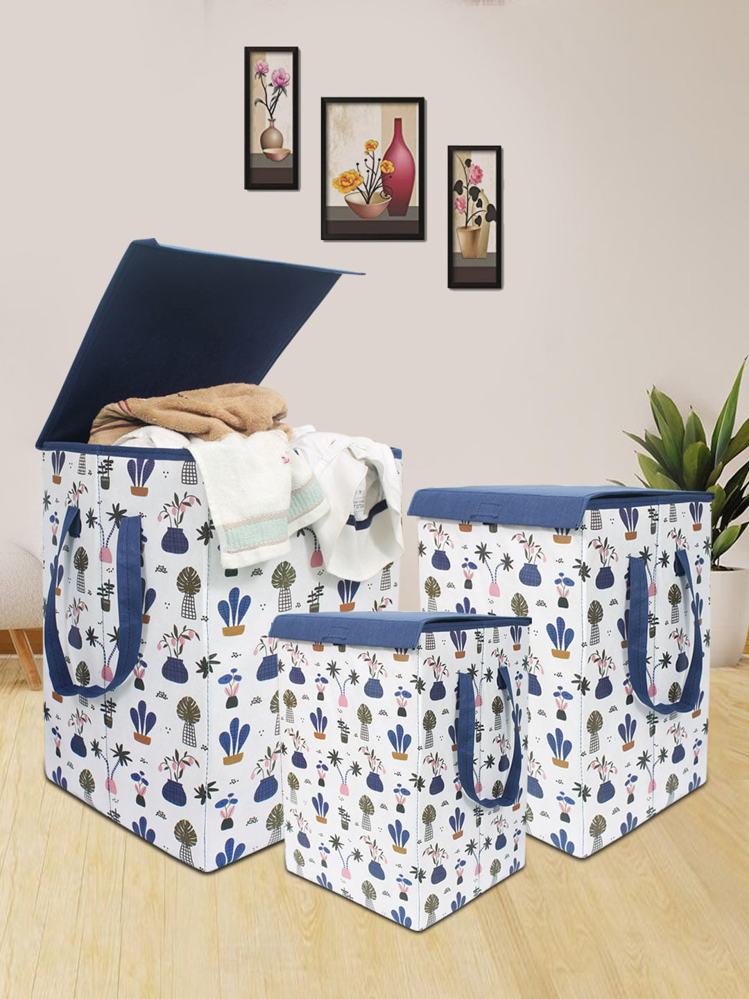 

prettykrafts Set of 3 Printed Foldable Laundry Basket With Lid, White