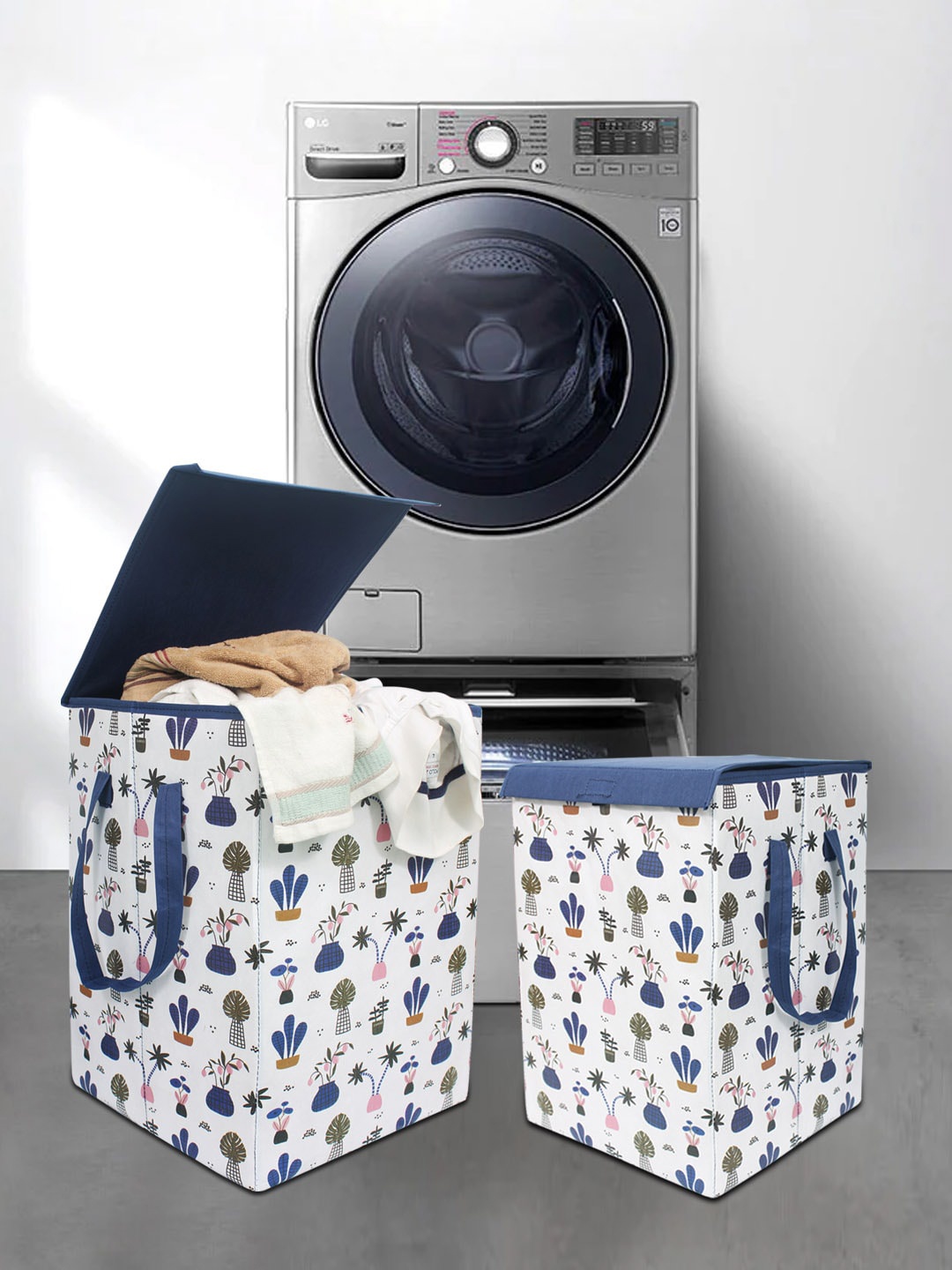 

prettykrafts Set of 2 Printed Foldable Laundry Basket With Lid, White