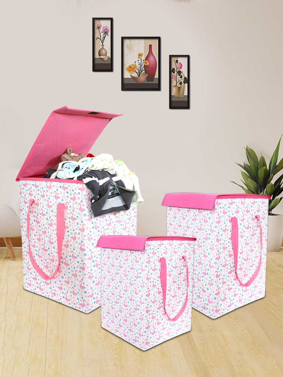 

prettykrafts Set of 3 Printed Foldable Laundry Basket With Lid, Pink