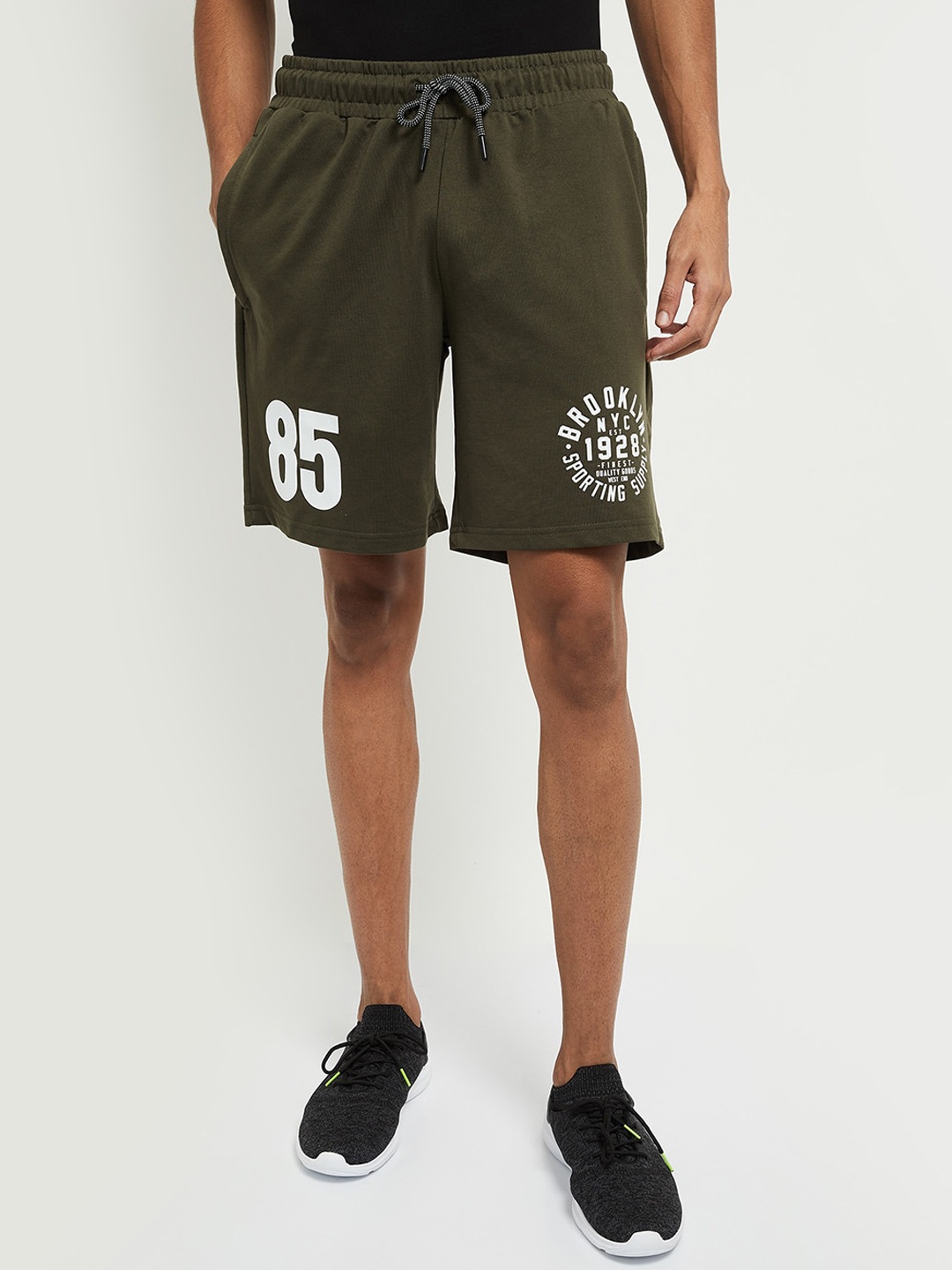

max Men Olive Green Typography Printed Regular Shorts