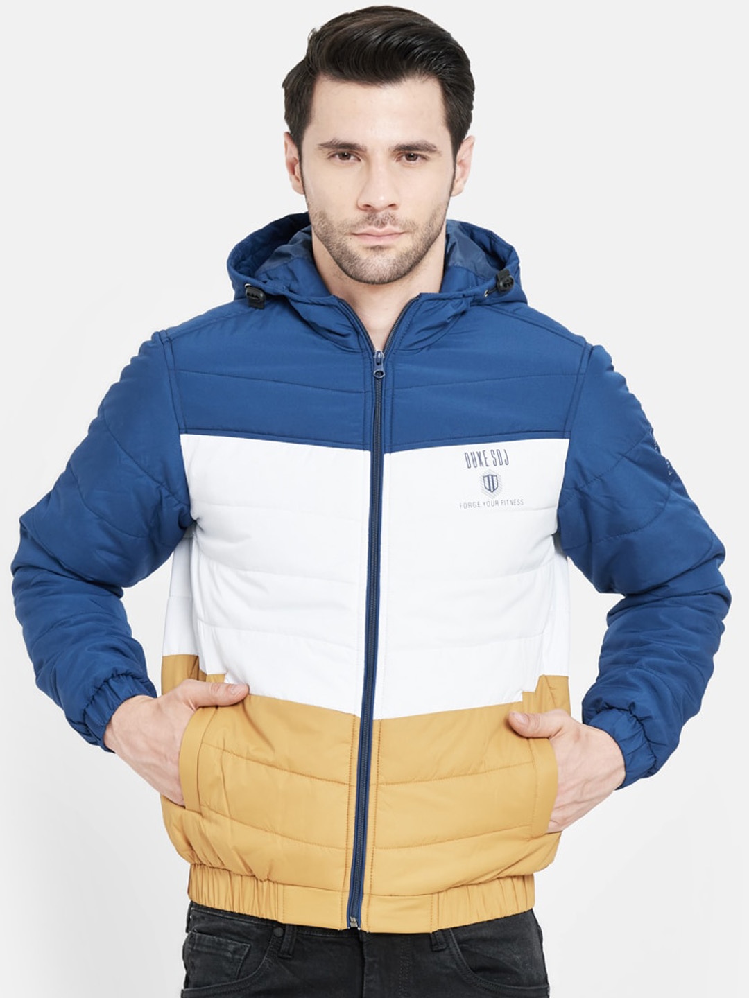 

Duke Men Mustard Yellow & Blue Colourblocked Hooded Puffer Jacket