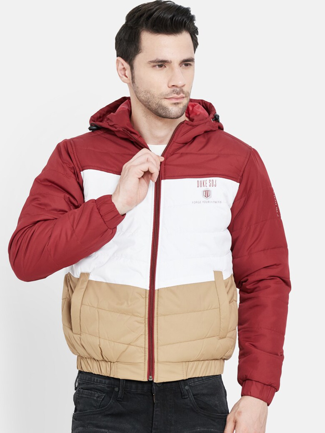 

Duke Men Tan White Colourblocked Hooded Puffer Jacket