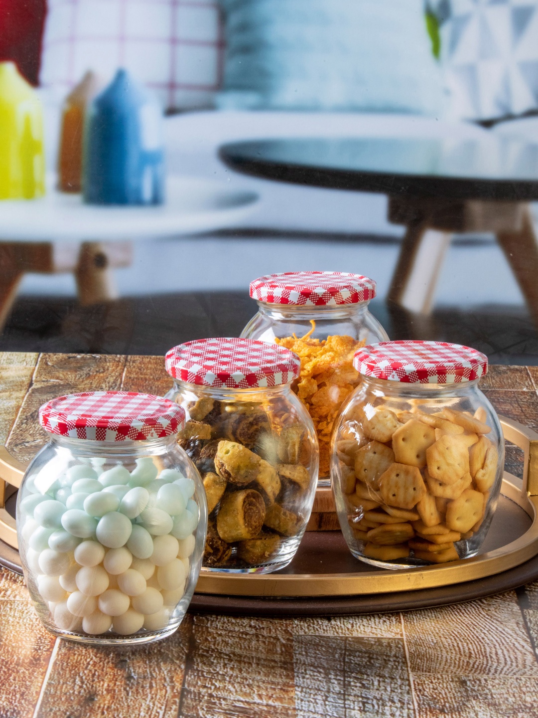 

GOODHOMES Set Of 6 Transparent & Red Glass Storage Jars With Lid