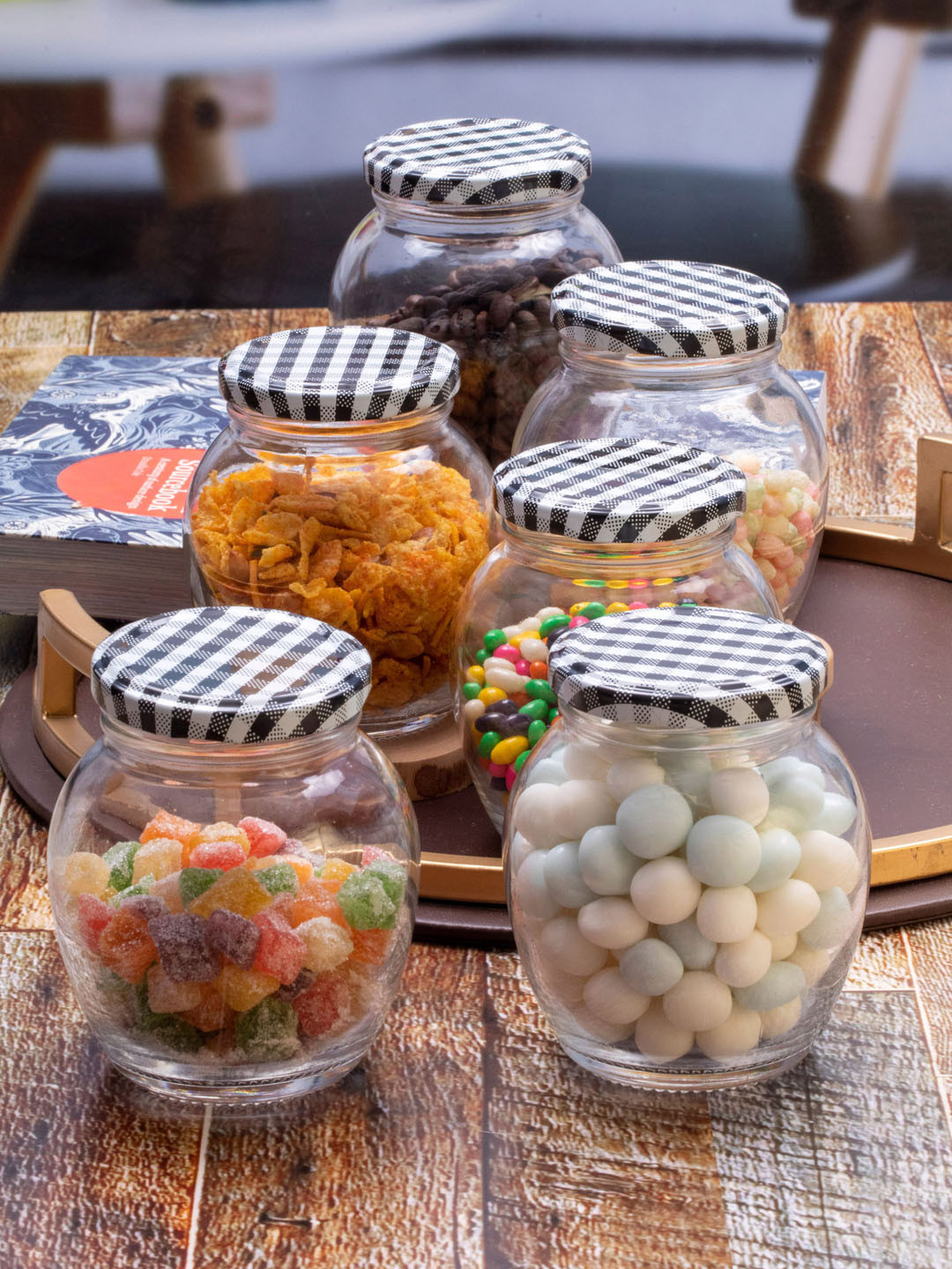 

GOODHOMES Set Of 6 Transparent & Black Glass Storage Small Jars With Lid