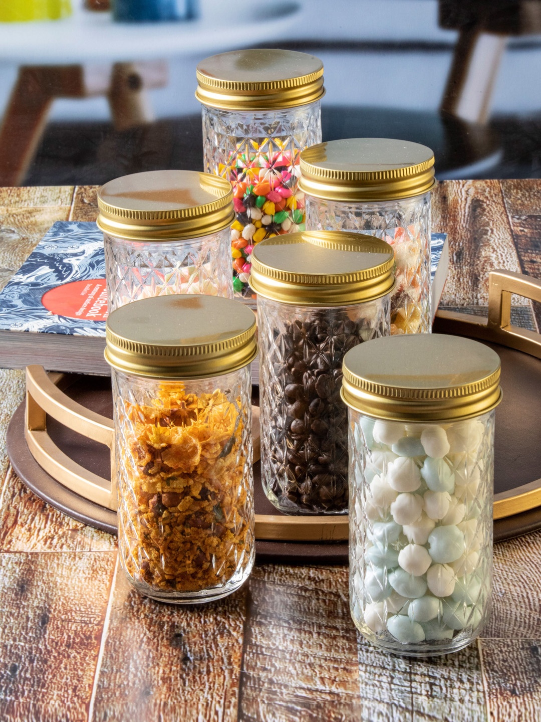 

GOODHOMES Set Of 6 Transparent & Golden Glass Storage Jars With Lid