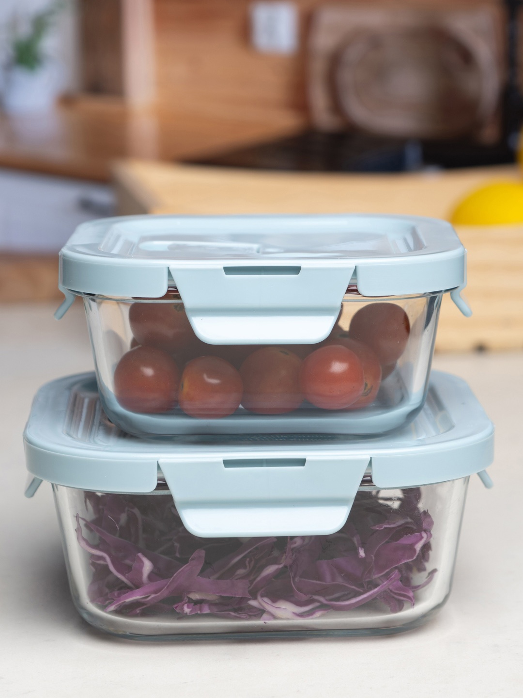 

GOODHOMES Set Of 2 Transparent Solid Glass Bowls Airtight With Lid