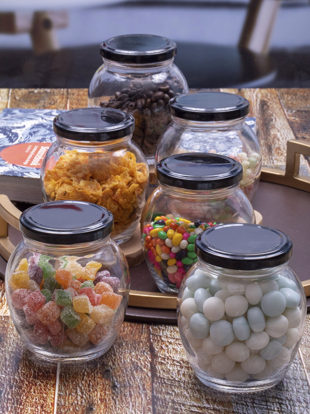 

GOODHOMES Set Of 6 Transparent & Black Glass Storage Big Jars With Lid