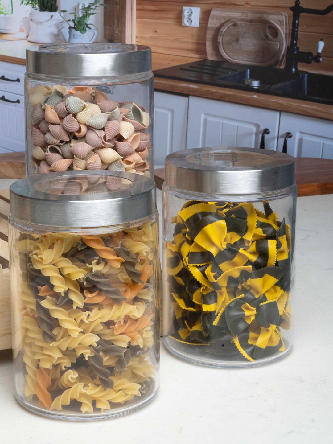 

GOODHOMES Set Of 3 Transparent Glass Storage Jars With Lid