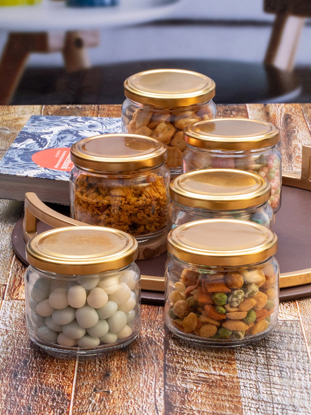 GOODHOMES Set Of 6 Transparent & Golden Glass Storage Jars With Lid