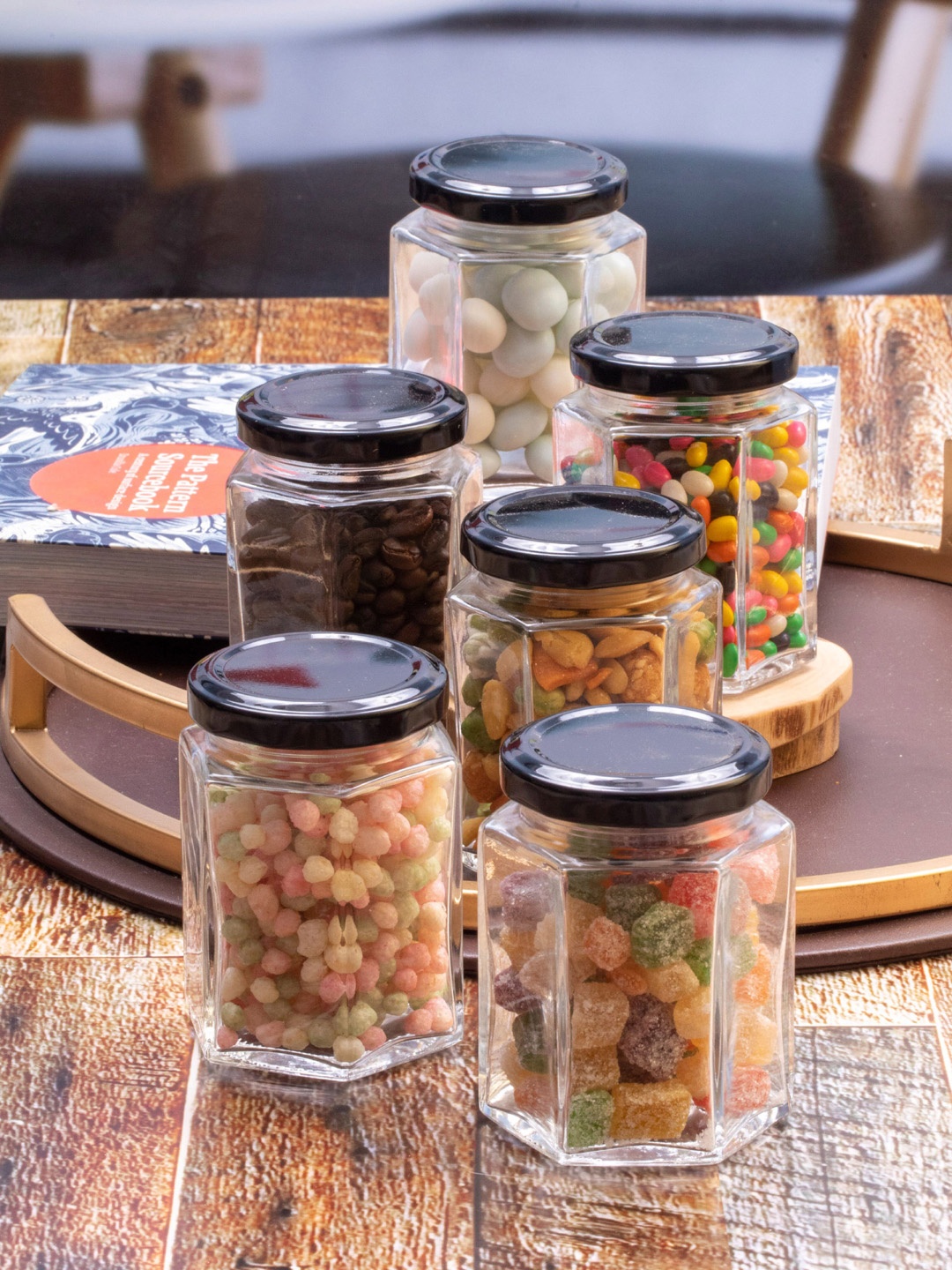 

GOODHOMES Set Of 6 Transparent & Black Glass Storage Jars With Lid