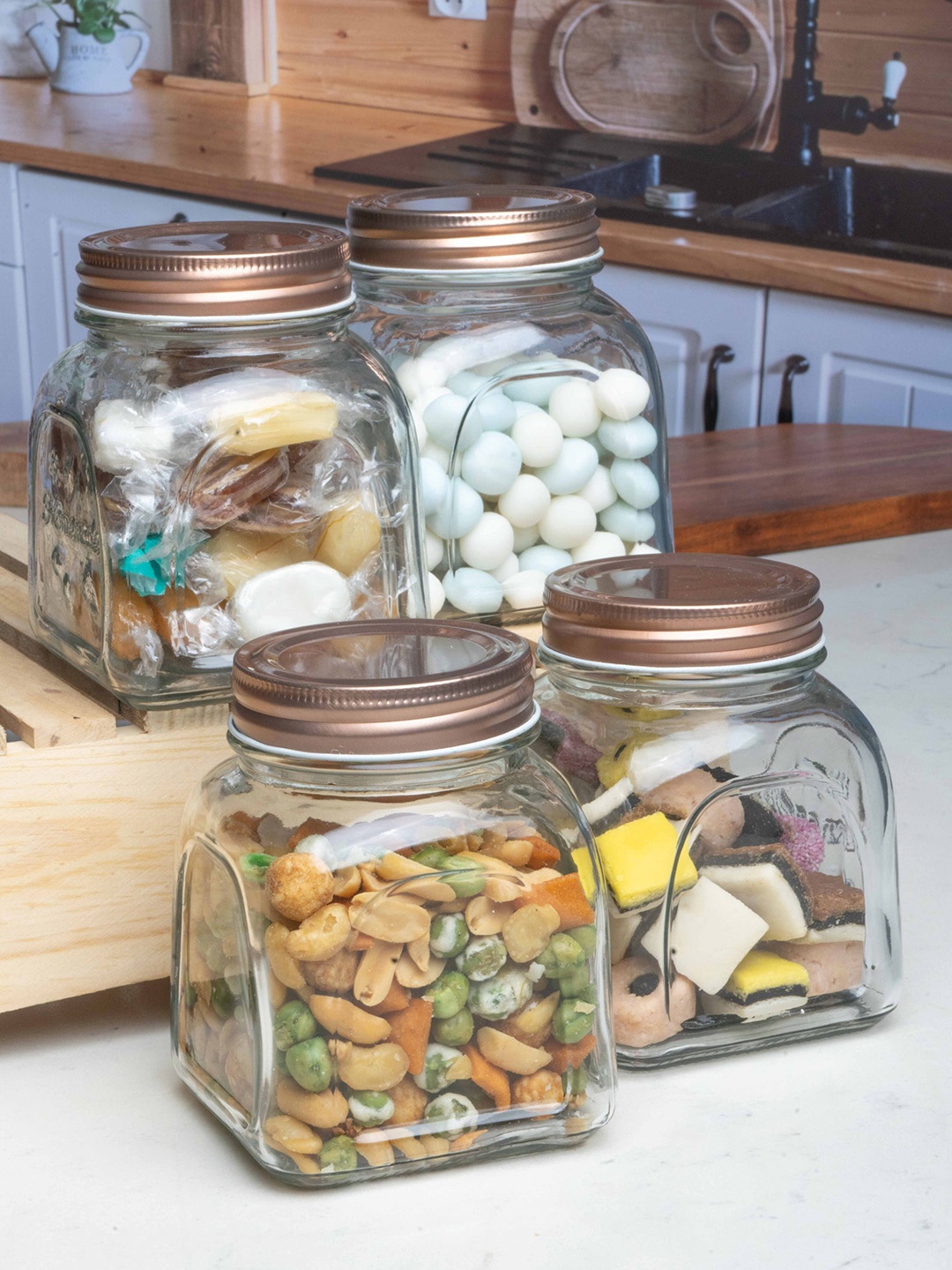 

Roxx Set Of 4 Transparent Solid Glass Square Jars