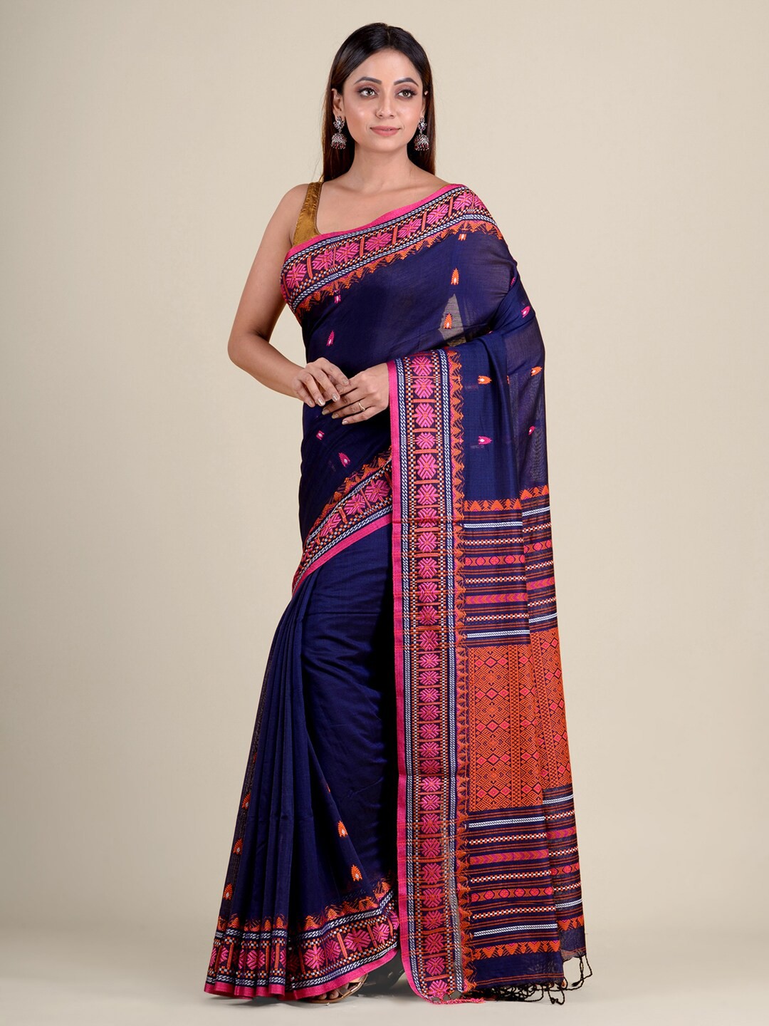 

Mitera Navy Blue & Pink Pure Cotton Saree