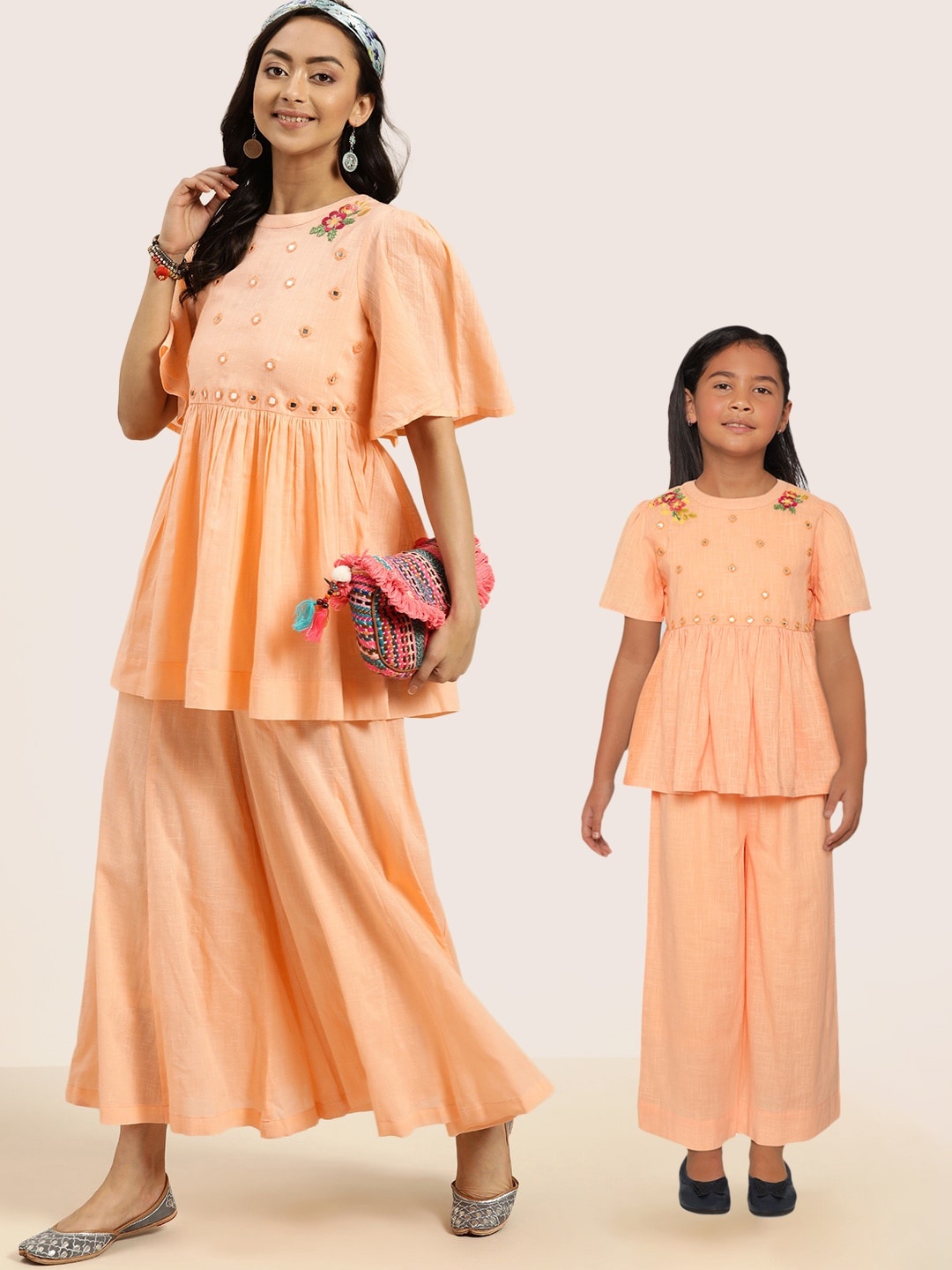 

Sangria Girls Peach-Coloured Pure Cotton Mirror Work Detail Top with Solid Palazzos