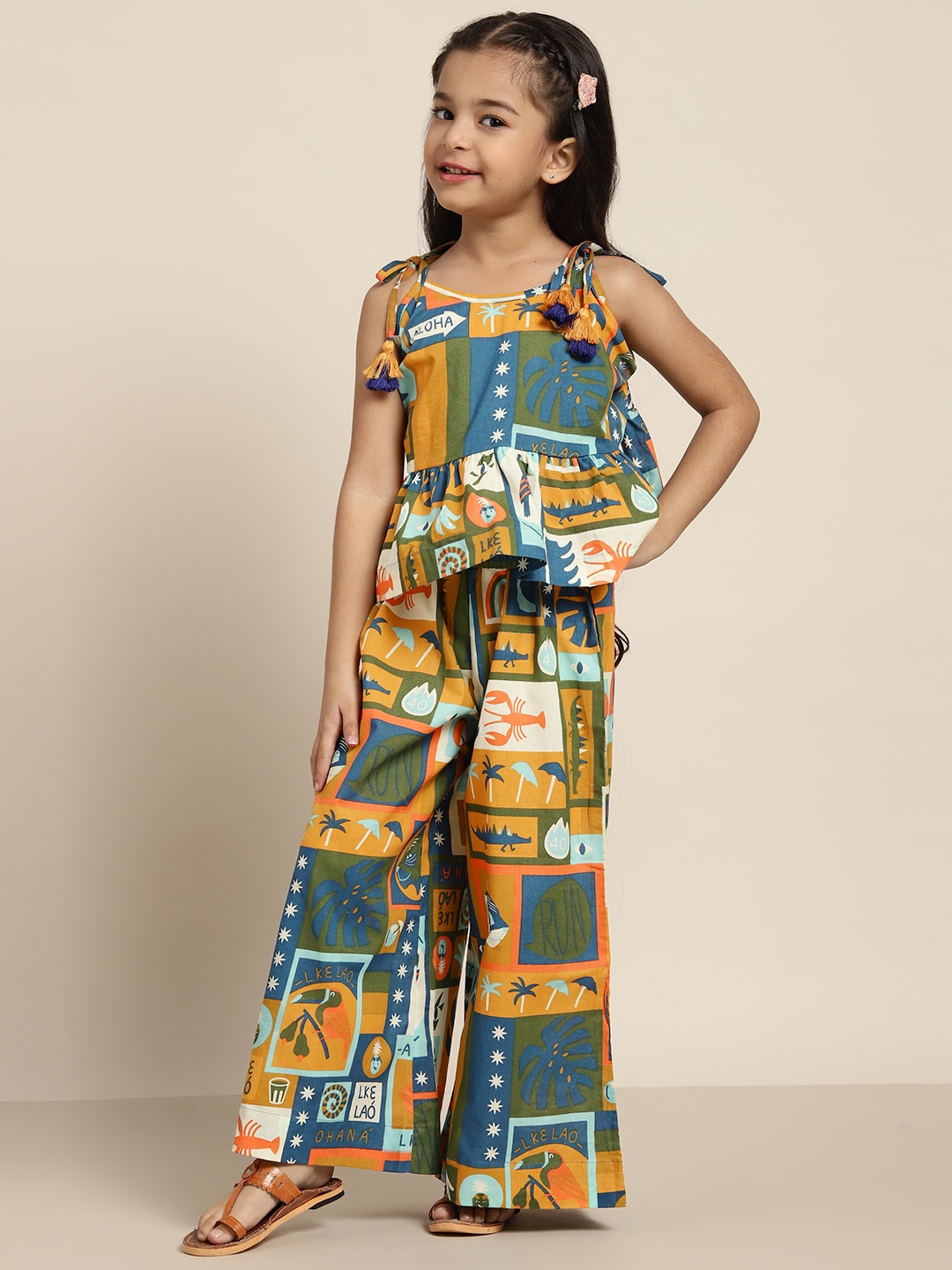 

Sangria Girls Mustard Yellow & Olive Green Cotton Printed Two-Piece Set