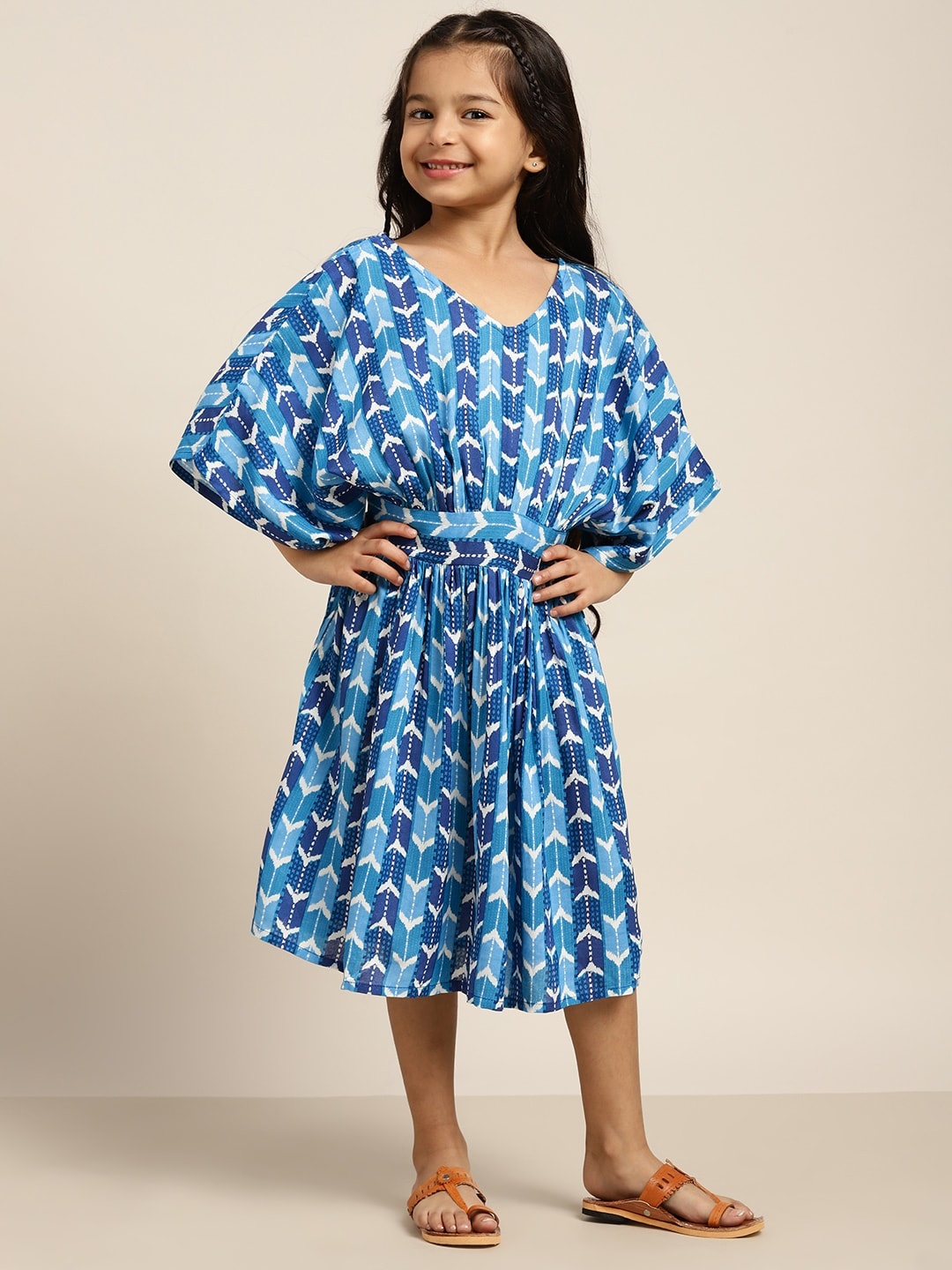 

Sangria Blue & White Printed Fit & Flare Dress