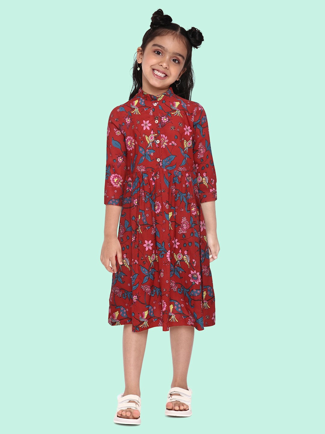 

Sangria Girls Maroon & Teal Blue Floral Print Cotton A-Line Dress
