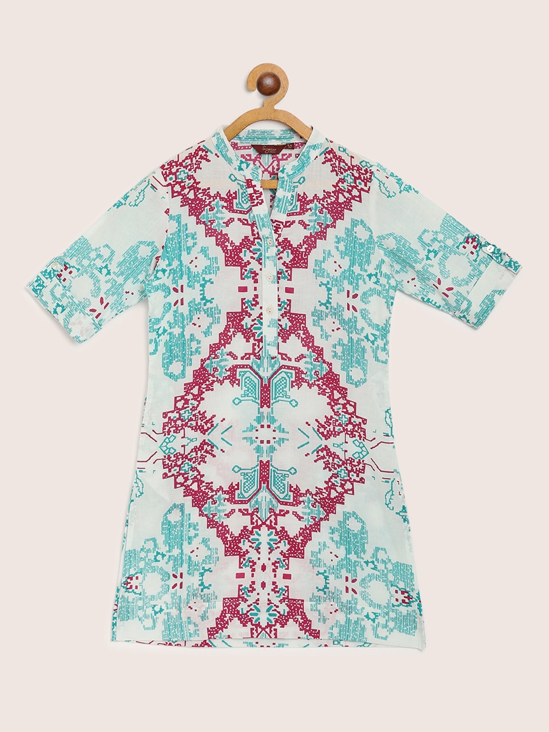 

Sangria Girls White & Blue Ethnic Motif Print Cotton A-line Dress