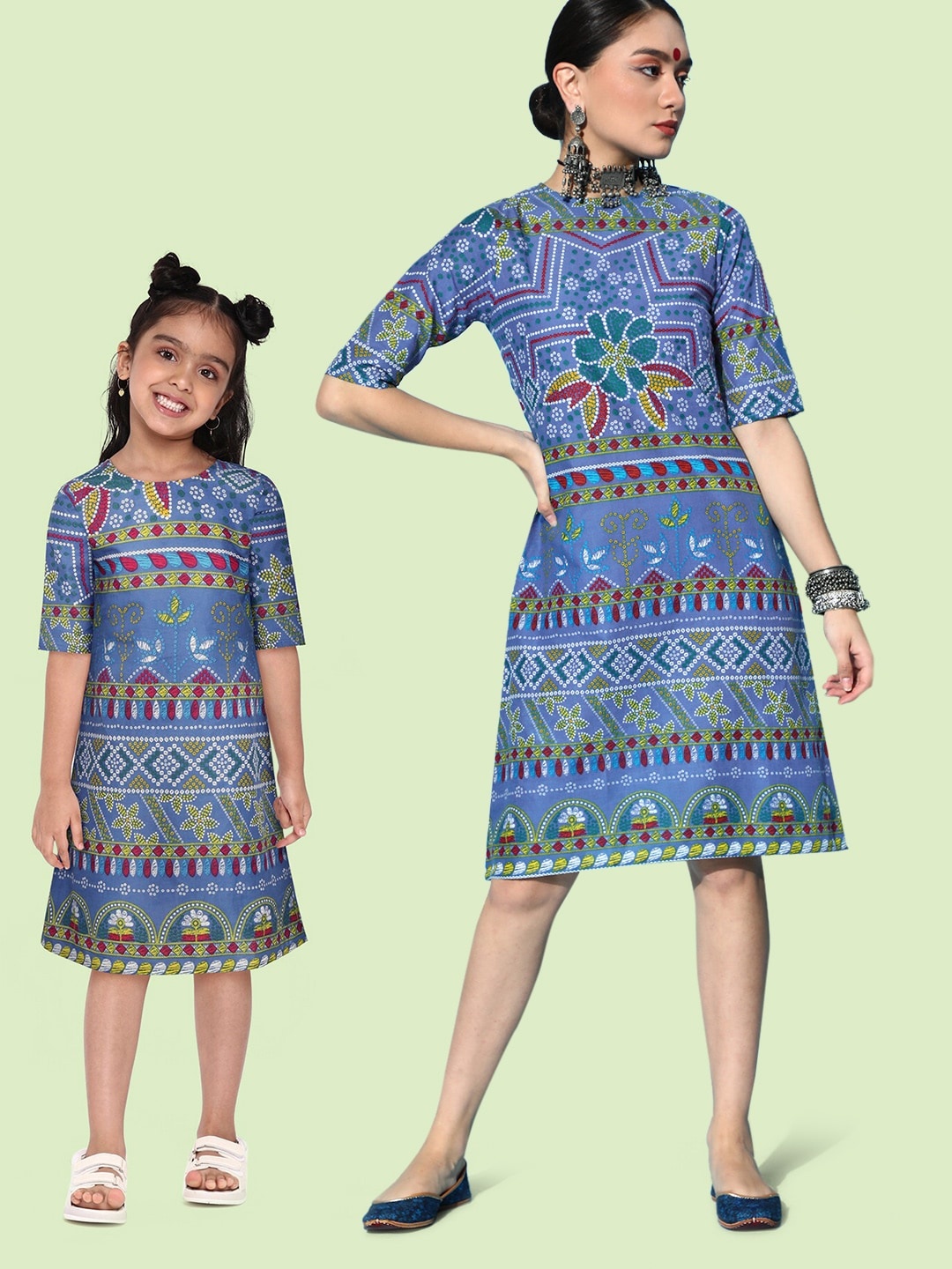 

Sangria Girls Blue & White Bandhani Print Pure Cotton A-Line Dress