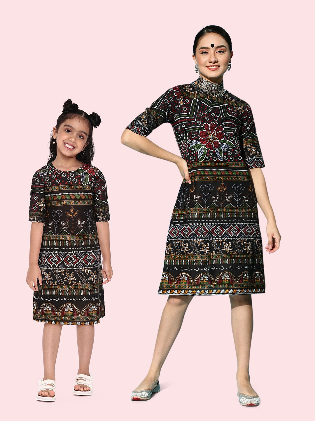 

Sangria Girls Black & White Bandhani Print Pure Cotton A-Line Dress