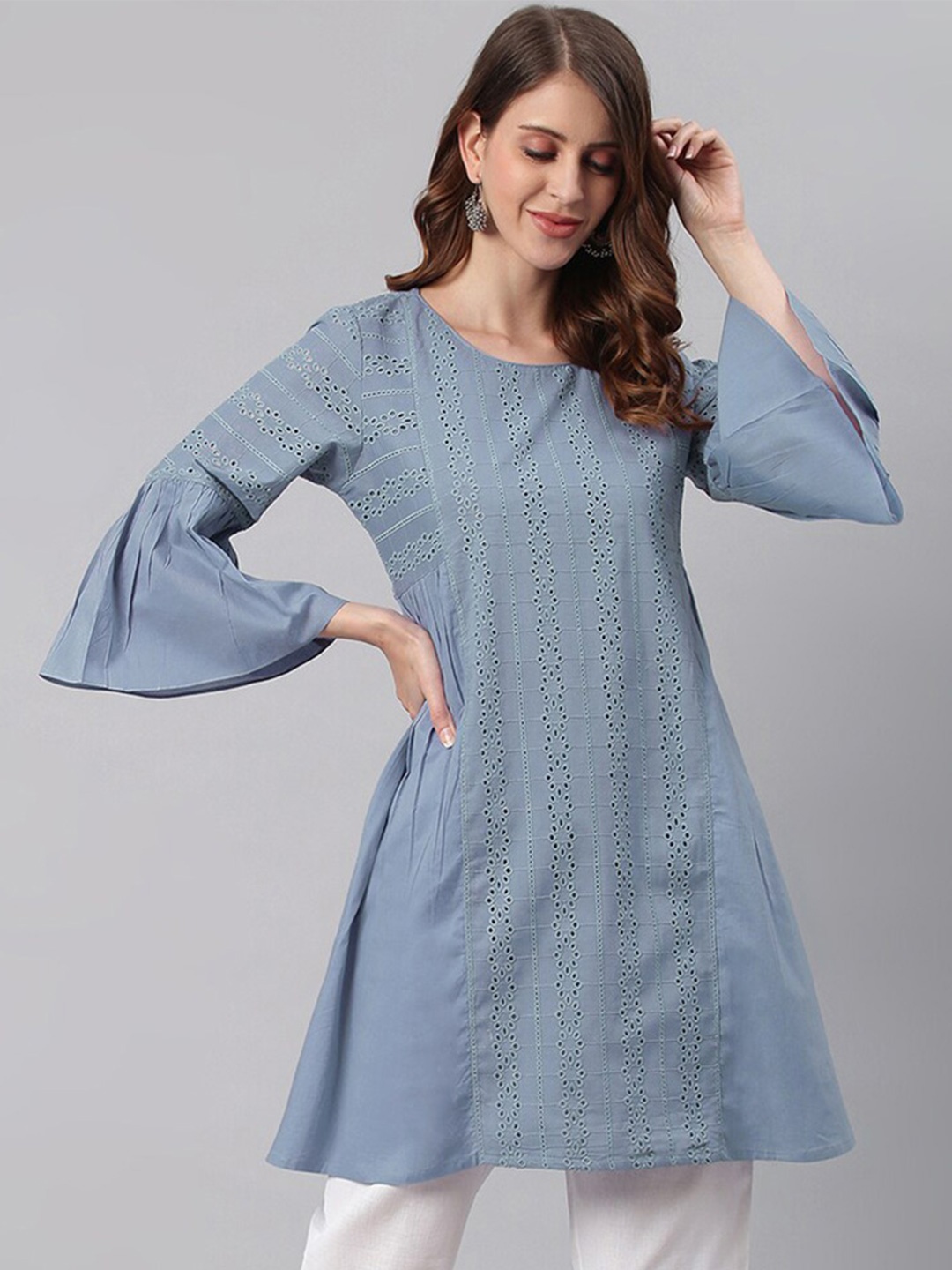 

Janasya Blue Schiflli Bell Sleeves Tunic