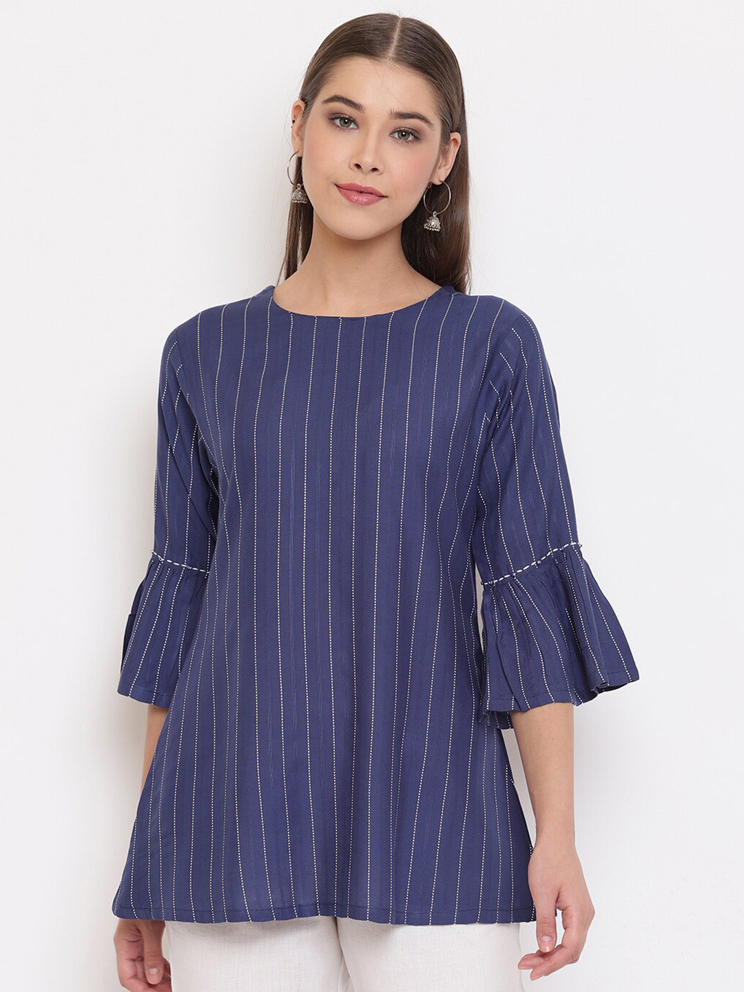 

Janasya Blue Striped A-Line Top