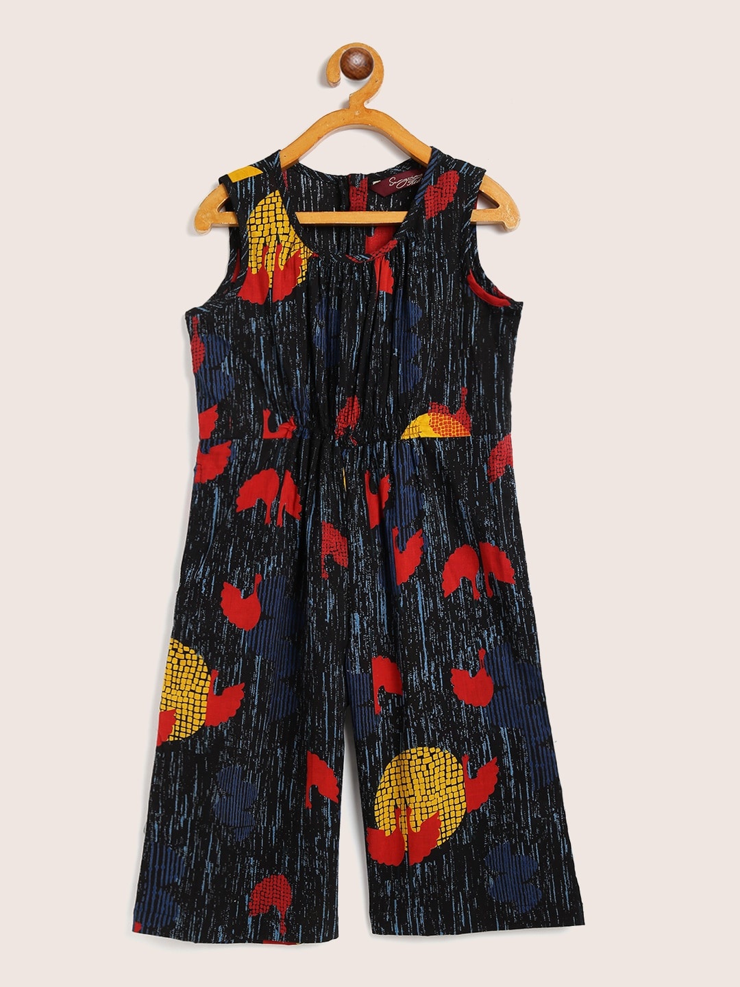 

Sangria Girls Black & Red Striped & Quirky Print Cotton Basic Jumpsuit with Smocked Detail