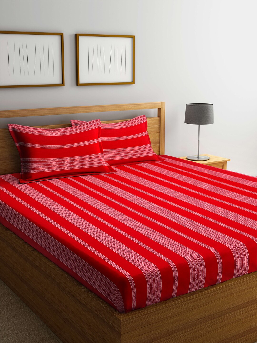 

Arrabi Red & White Striped 300 TC King Cotton Bedsheet with 2 Pillow Covers