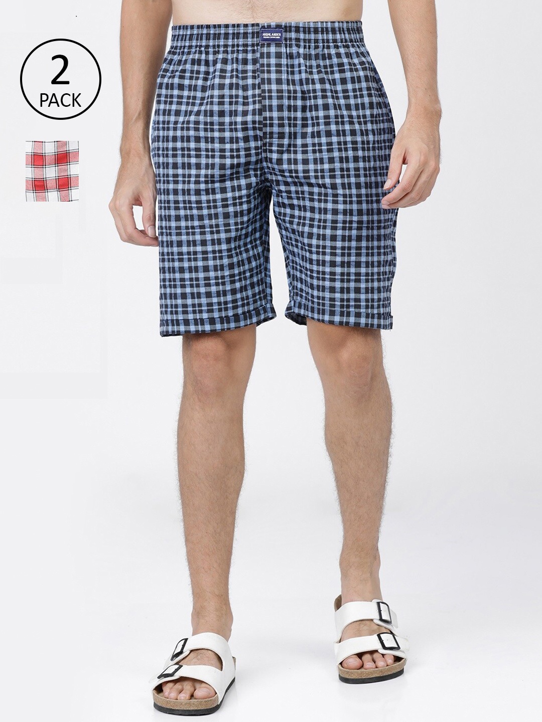 

HIGHLANDER Men Pack of 2 Blue & Red Checked Lounge Shorts