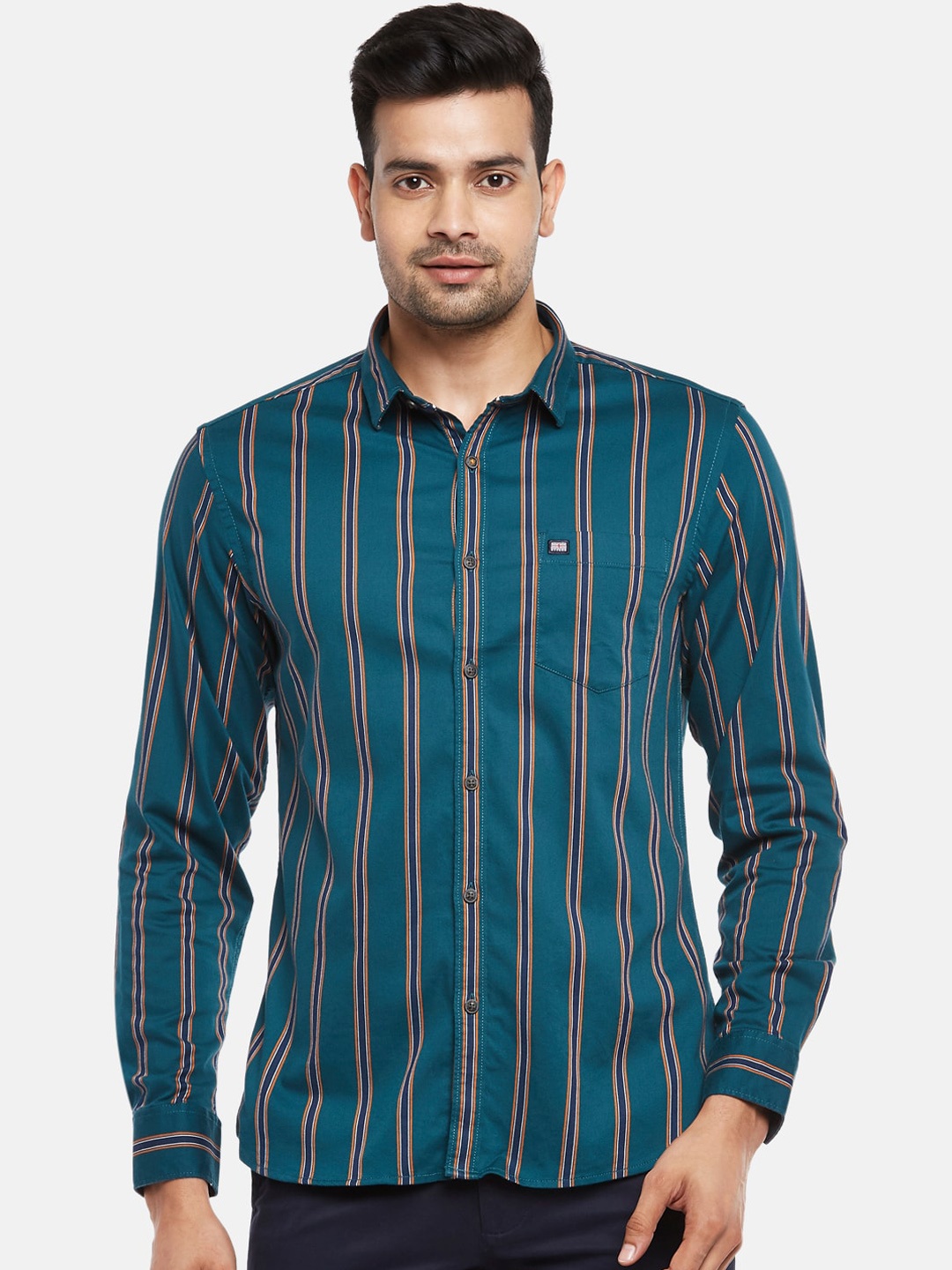 

BYFORD by Pantaloons Men Green Slim Fit Opaque Striped Pure Cotton Casual Shirt