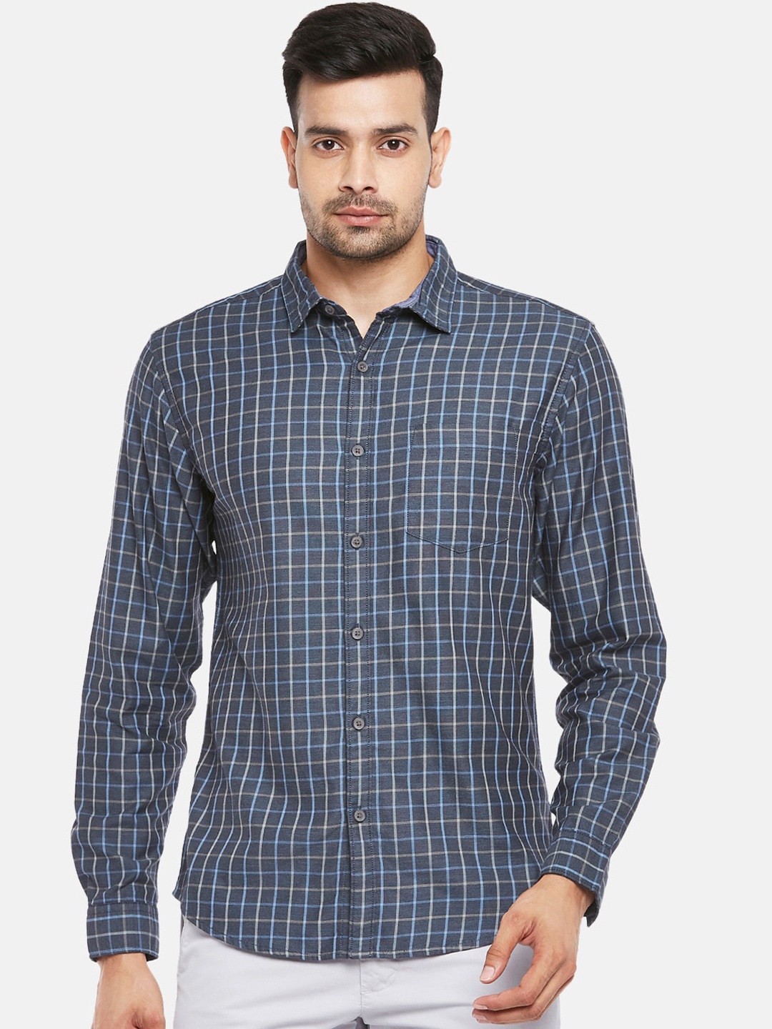 

BYFORD by Pantaloons Men Grey Slim Fit Opaque Checked Casual Shirt