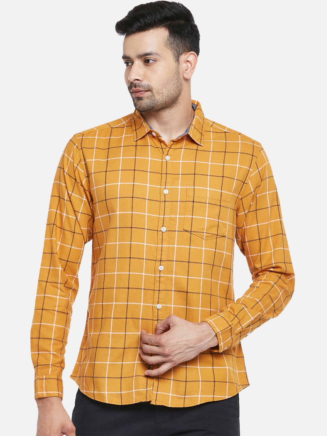 

BYFORD by Pantaloons Men Mustard Yellow & White Slim Fit Pure Cotton Checked Casual Shirt