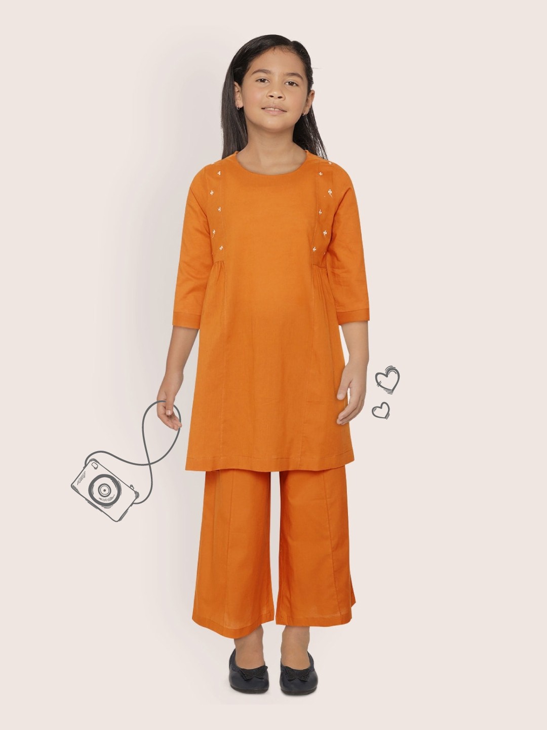

Sangria Girls Rust Orange & White Embroidered Detail Pure Cotton A-Line Kurta & Palazzos