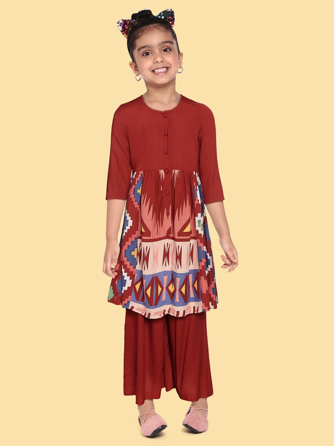 

Sangria Girls Rust Red & Blue Printed A-Line Kurta with Palazzos